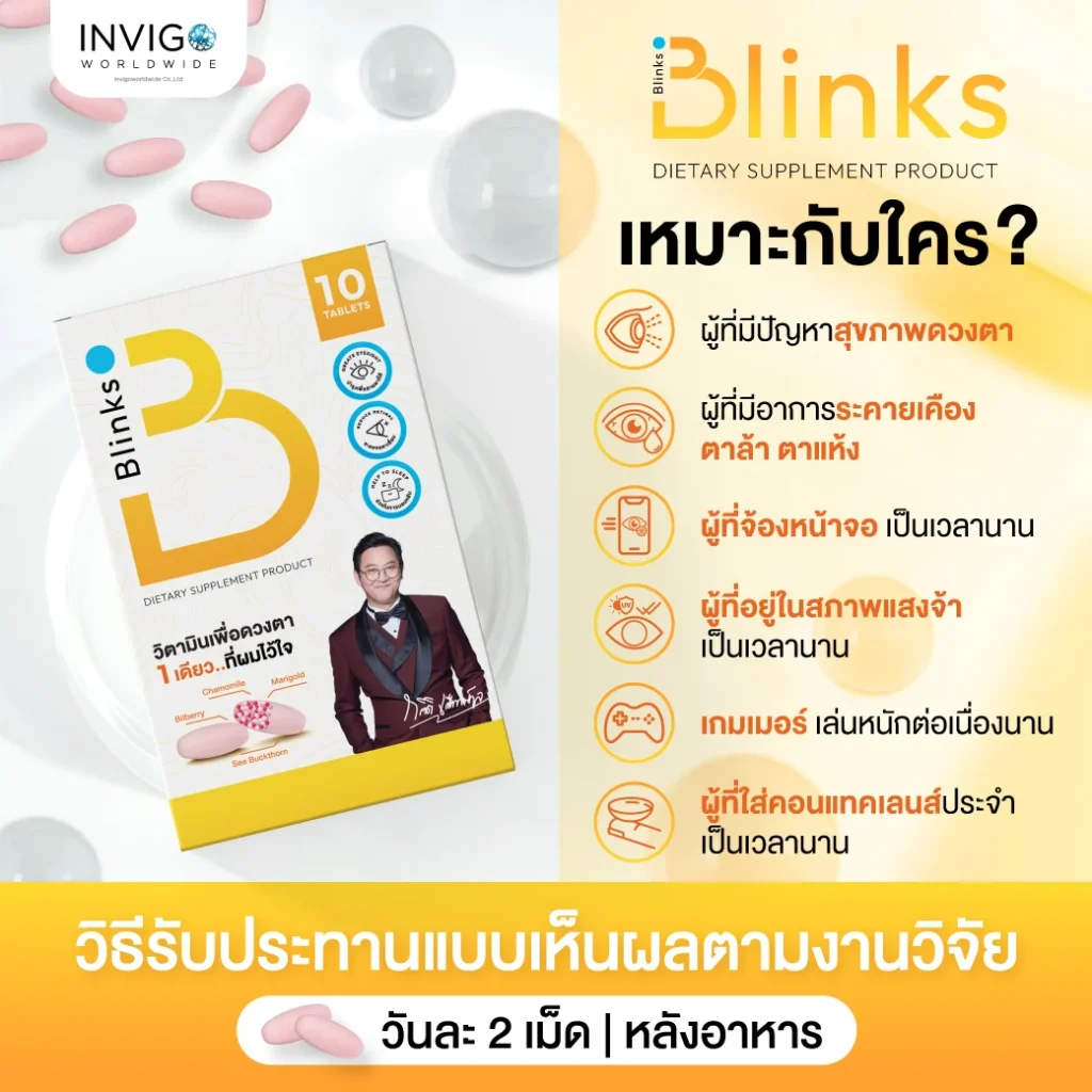 Blinks บลิ๊งส์ ผลิตภัณฑ์เสริมอาหาร วิตามินบำรุงสายตา น้ำในตาแห้ง ช่วยถนอมดวงตา ตามัวแพ้แสง