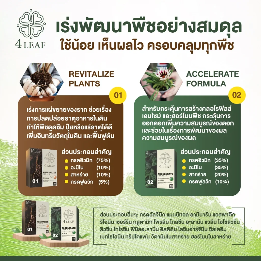 4 LEAF โฟลีฟ อาหารพืช ธาตุอาหารพืช แก้ดินเค็ม จุลินทรีย์ดิน